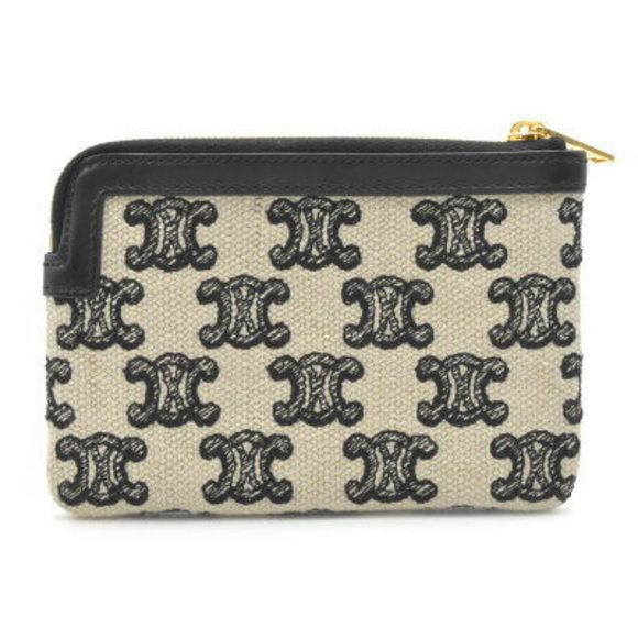 Celine Triomphe Case Calfskin Textile Black Beige Key Card Mini - Picture 2 of 5